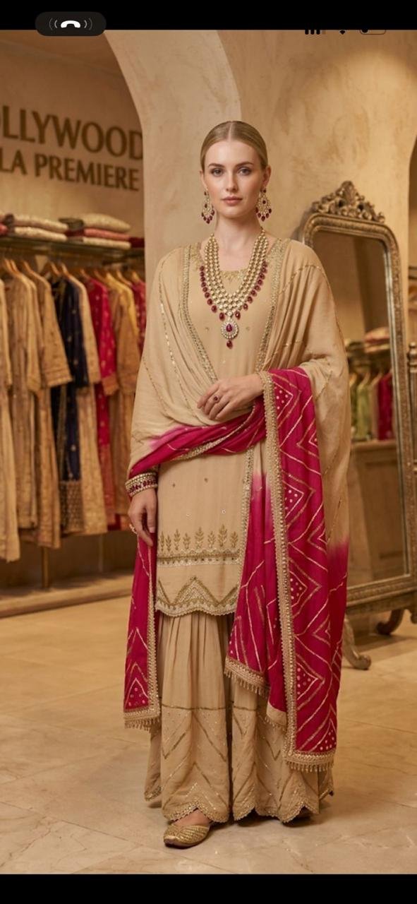Beige Sharara with Bandhani Dupatta