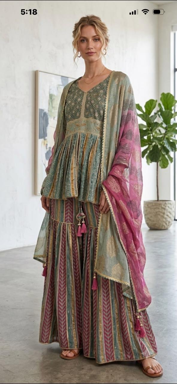 Boho Sage Tasseled Sharara Set