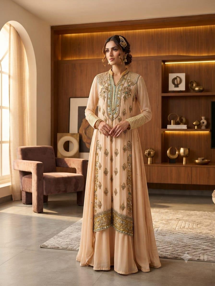 Champagne Angrakha Anarkali Gown