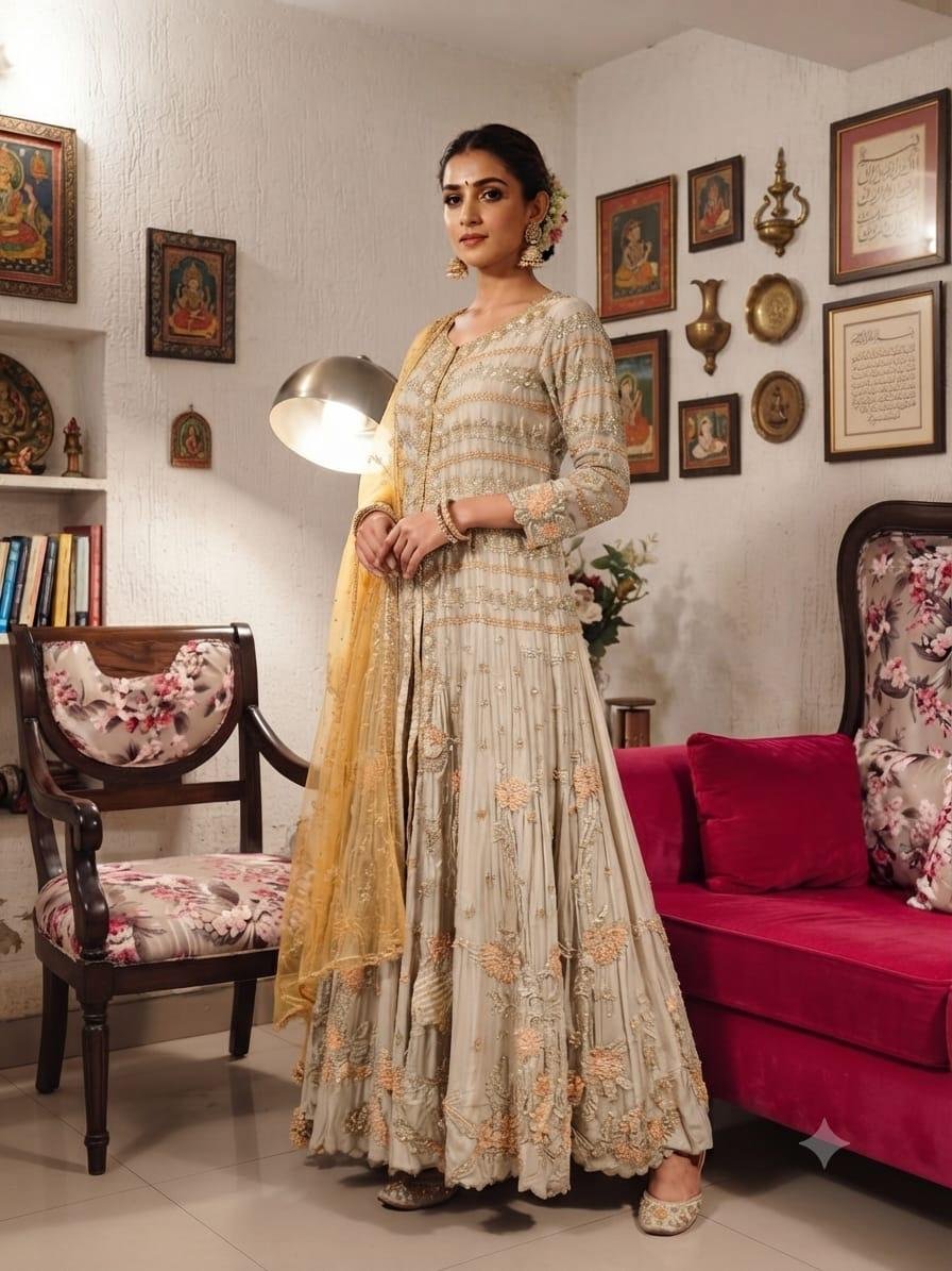 Dove Grey Floral Anarkali