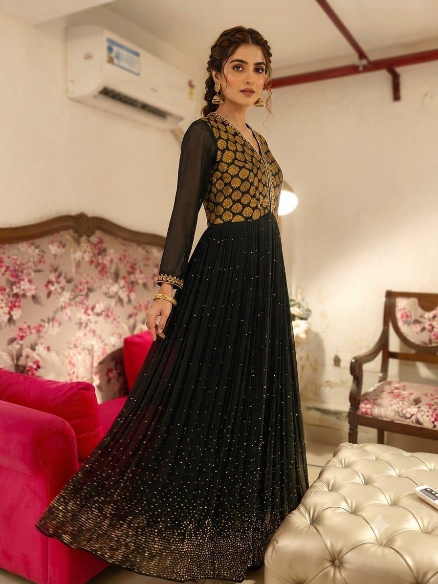 Emerald Brocade Sequin Gown