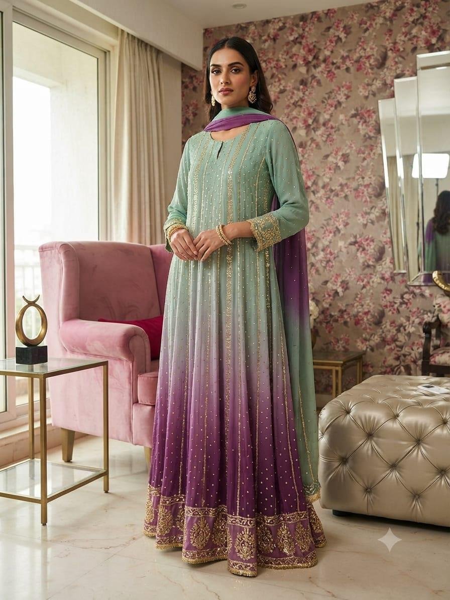 Emerald to Plum Ombre Anarkali