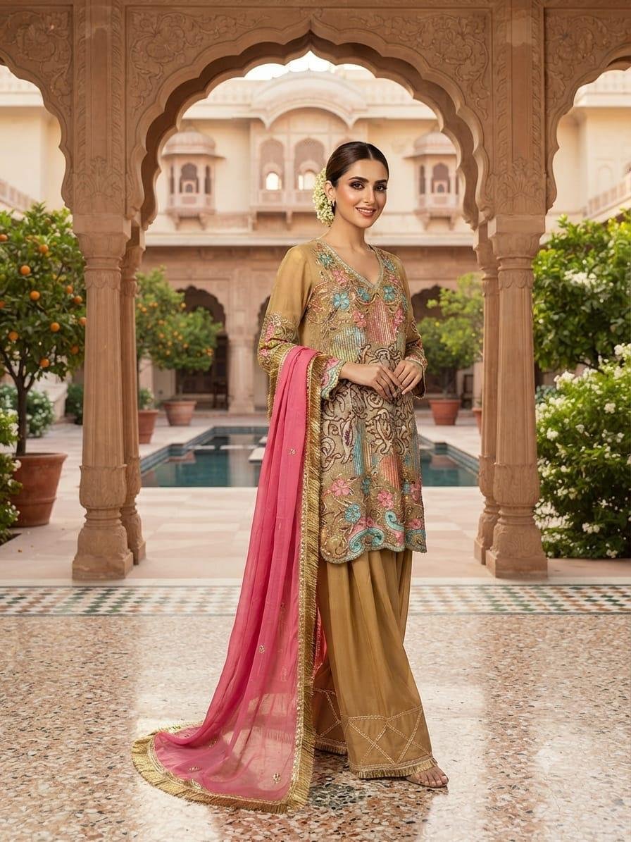 Golden Mustard Threadwork Sharara Suit