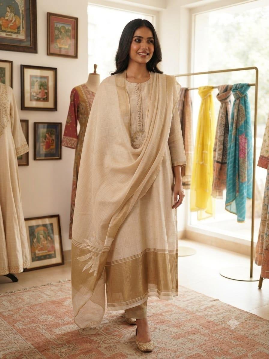 Handwoven Ivory Gold-Border Suit