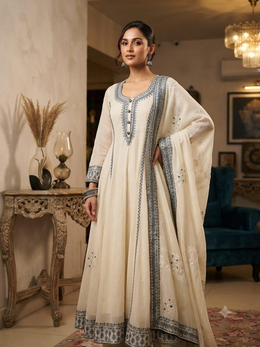 Ivory Indigo Bordered Anarkali