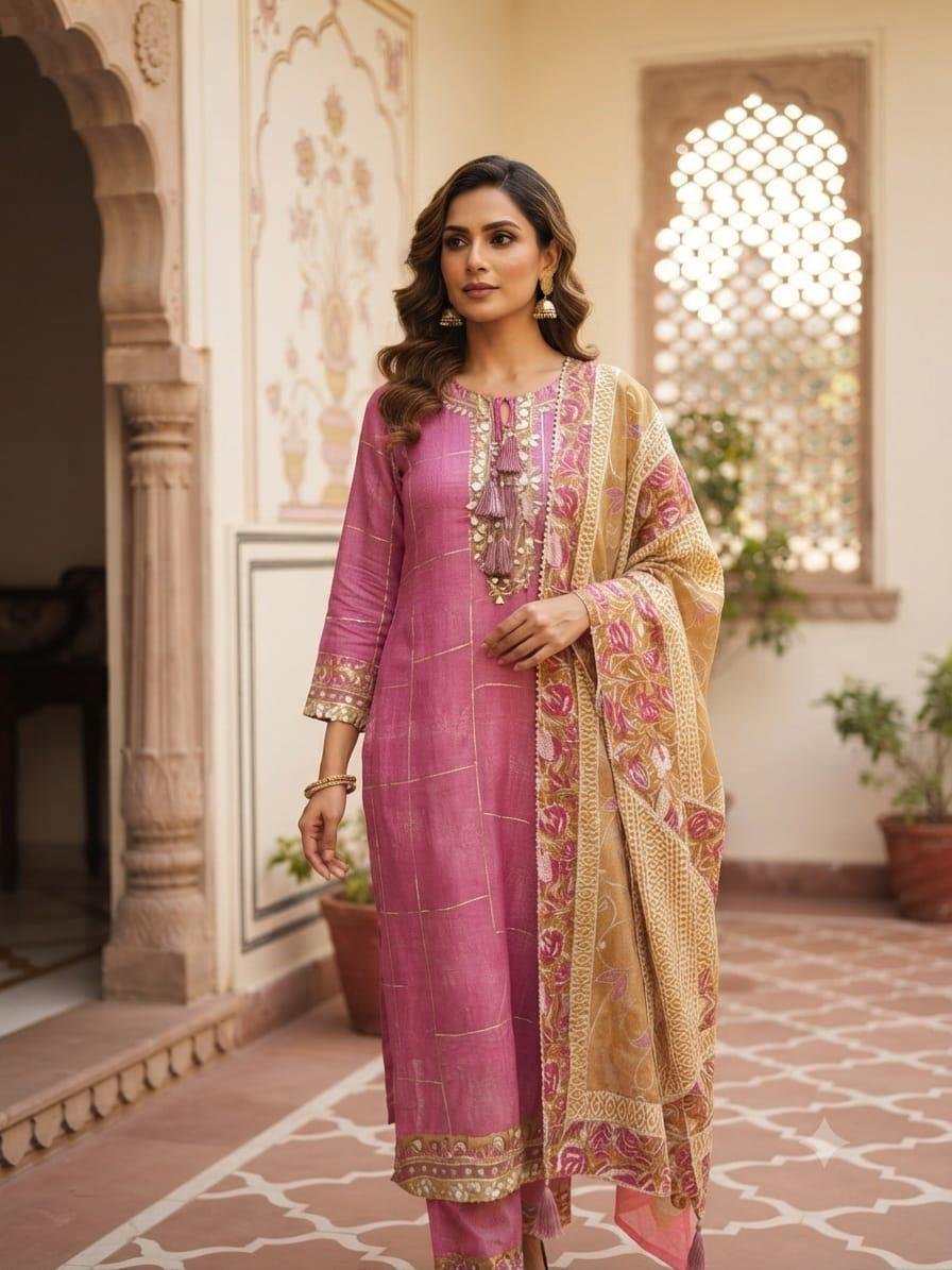 Mauve Zari Check Kurta Suit