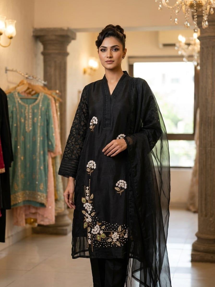Noir Pearl Floral Kurta Set
