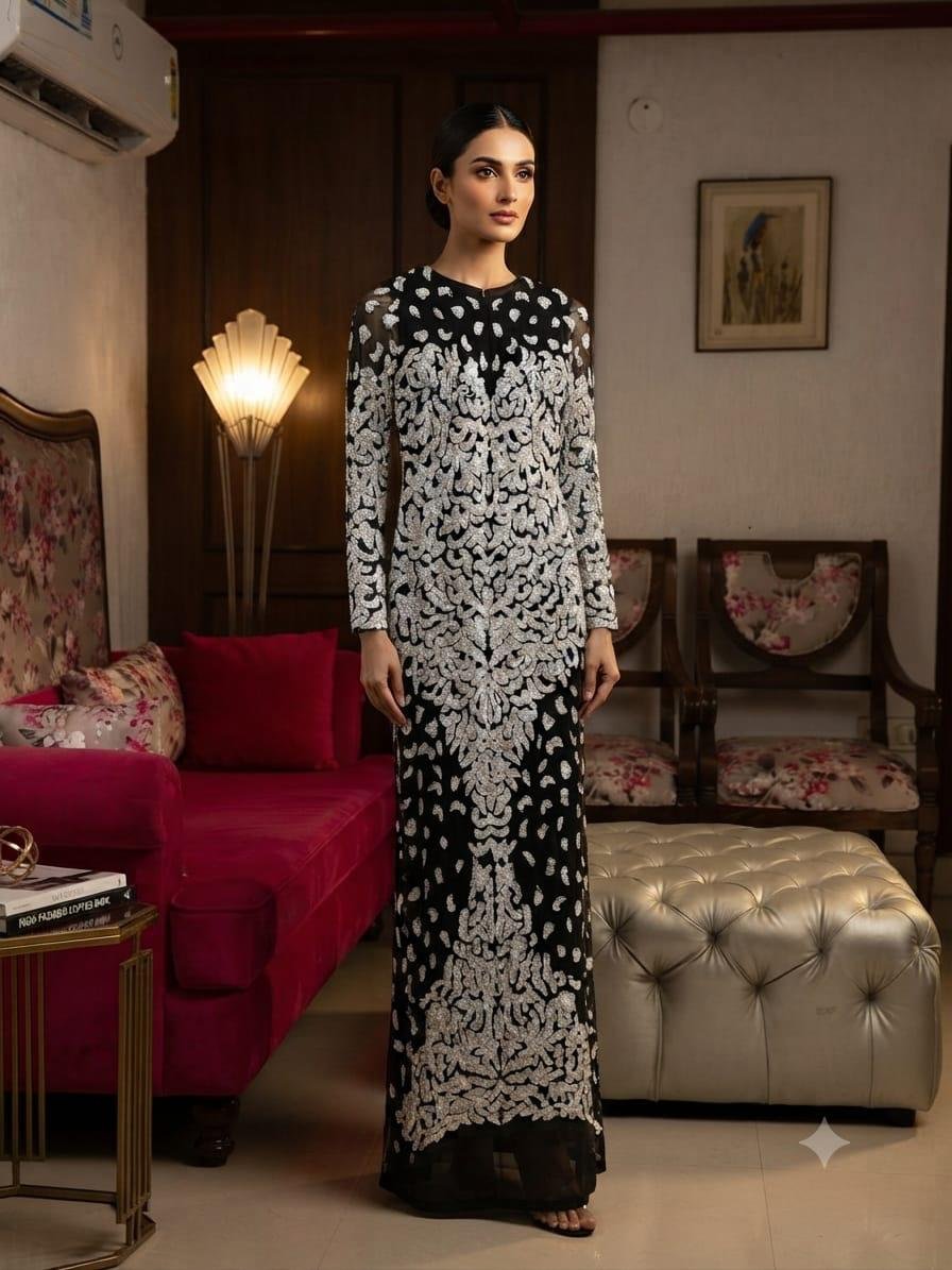 Onyx Damask Sheath Gown