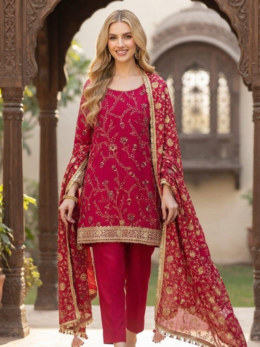 Rani Pink Vine Embroidered Suit