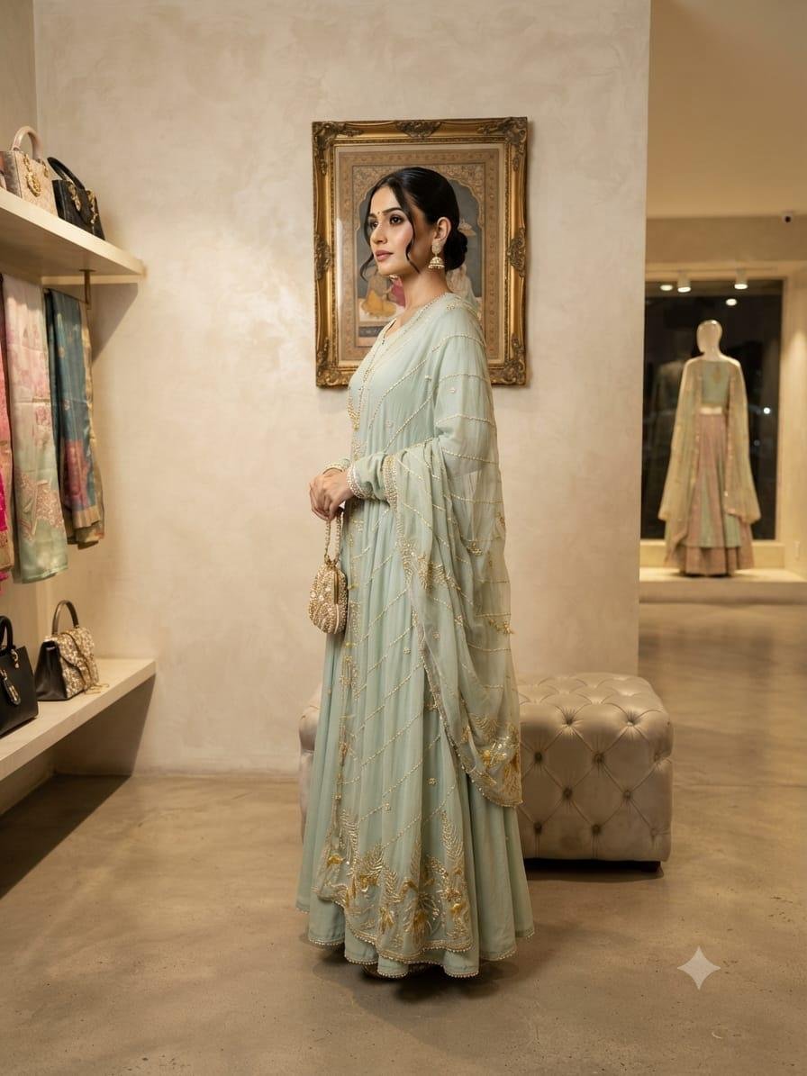 Sage Green Leaf-Motif Anarkali