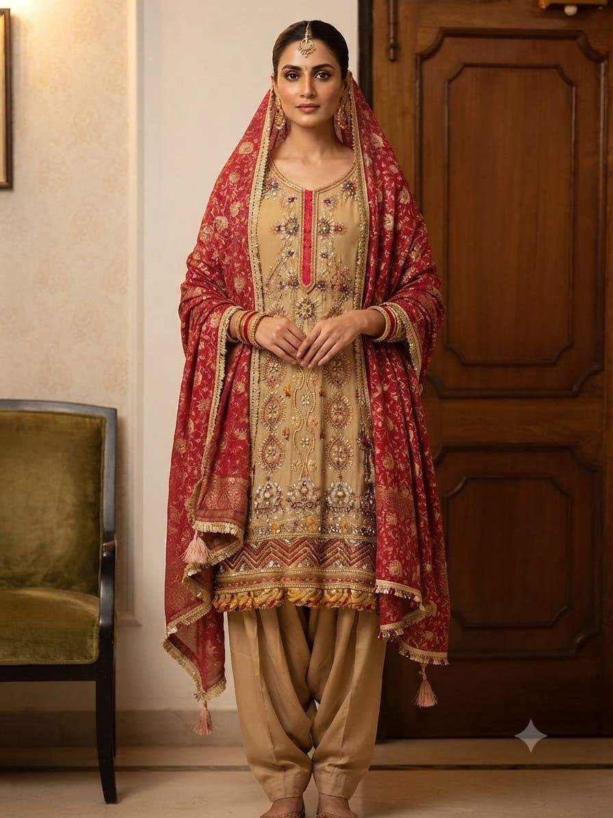 Sand & Red Mirror Patiala Suit