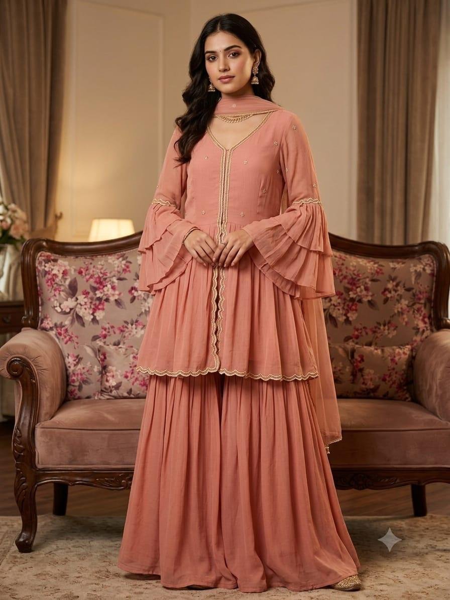 Terracotta Ruffle-Sleeve Sharara Set
