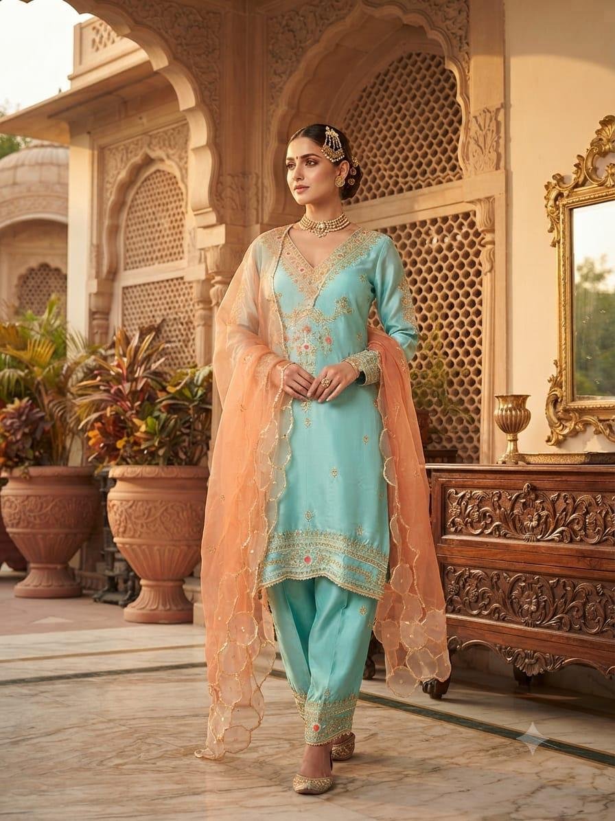 Turquoise Silk Kurta Set