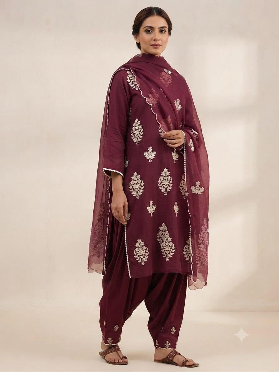 Wine Booti Print Patiala Suit